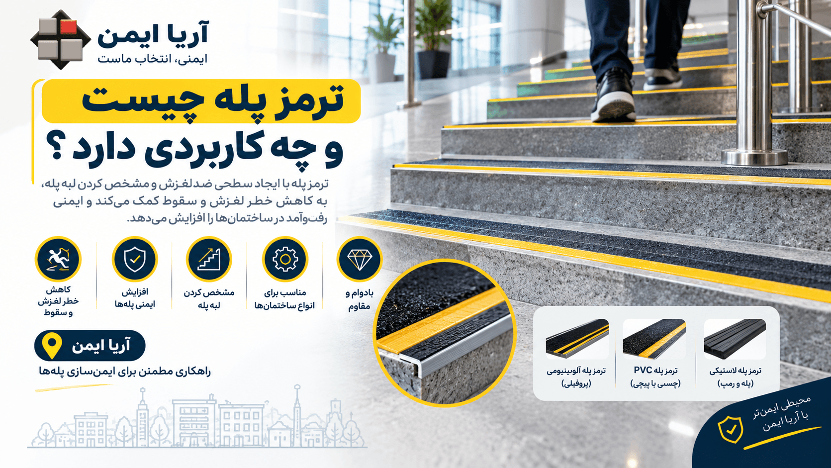 ترمز پله ضدلغزش با رویه زبر و نوار رنگی برای افزایش ایمنی لبه پله‌های سنگی