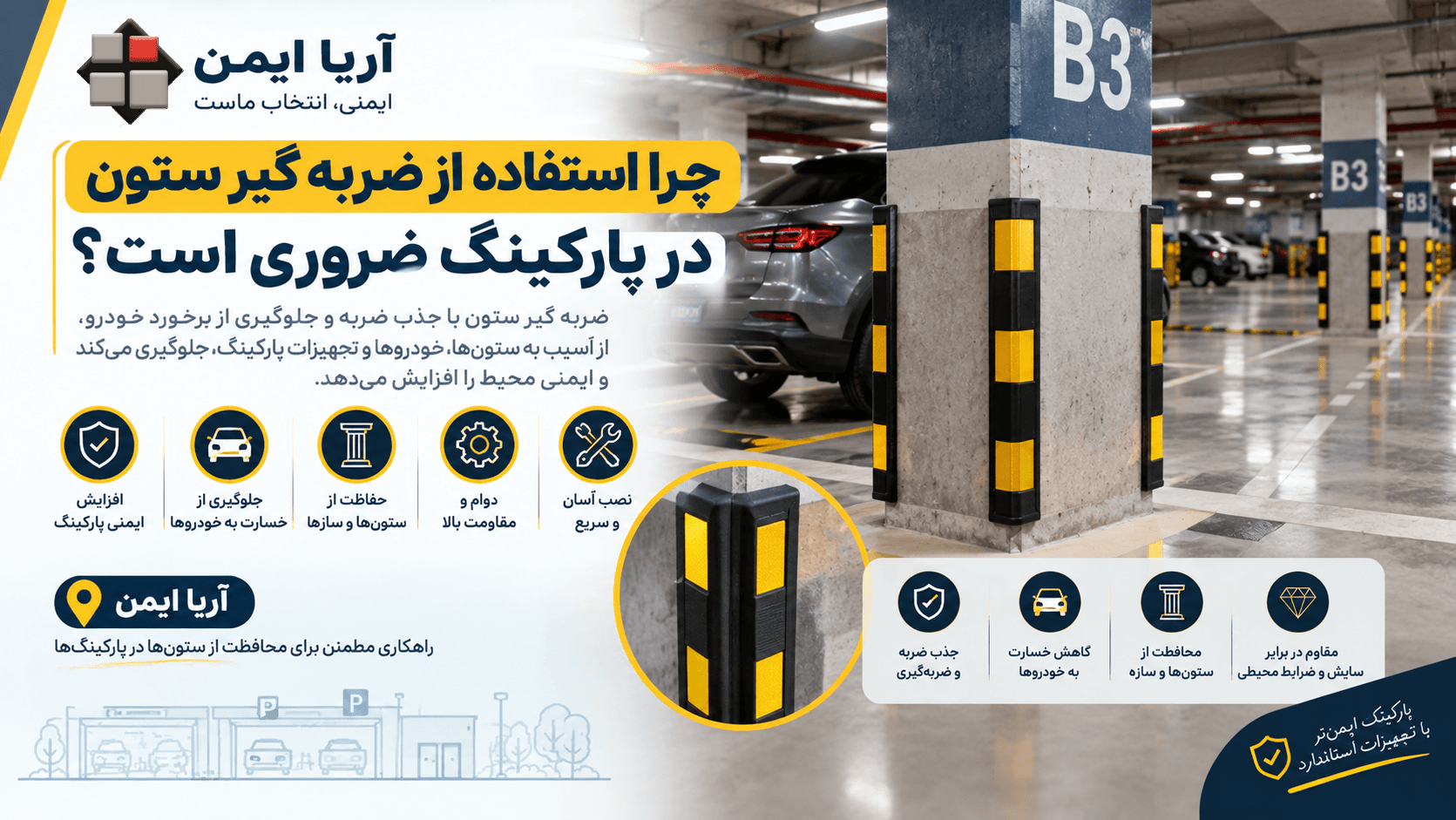 ضربه گیر ستون در پارکینگ با محافظهای عمودی روی گوشه ستون برای کاهش آسیب ناشی از برخورد خودرو